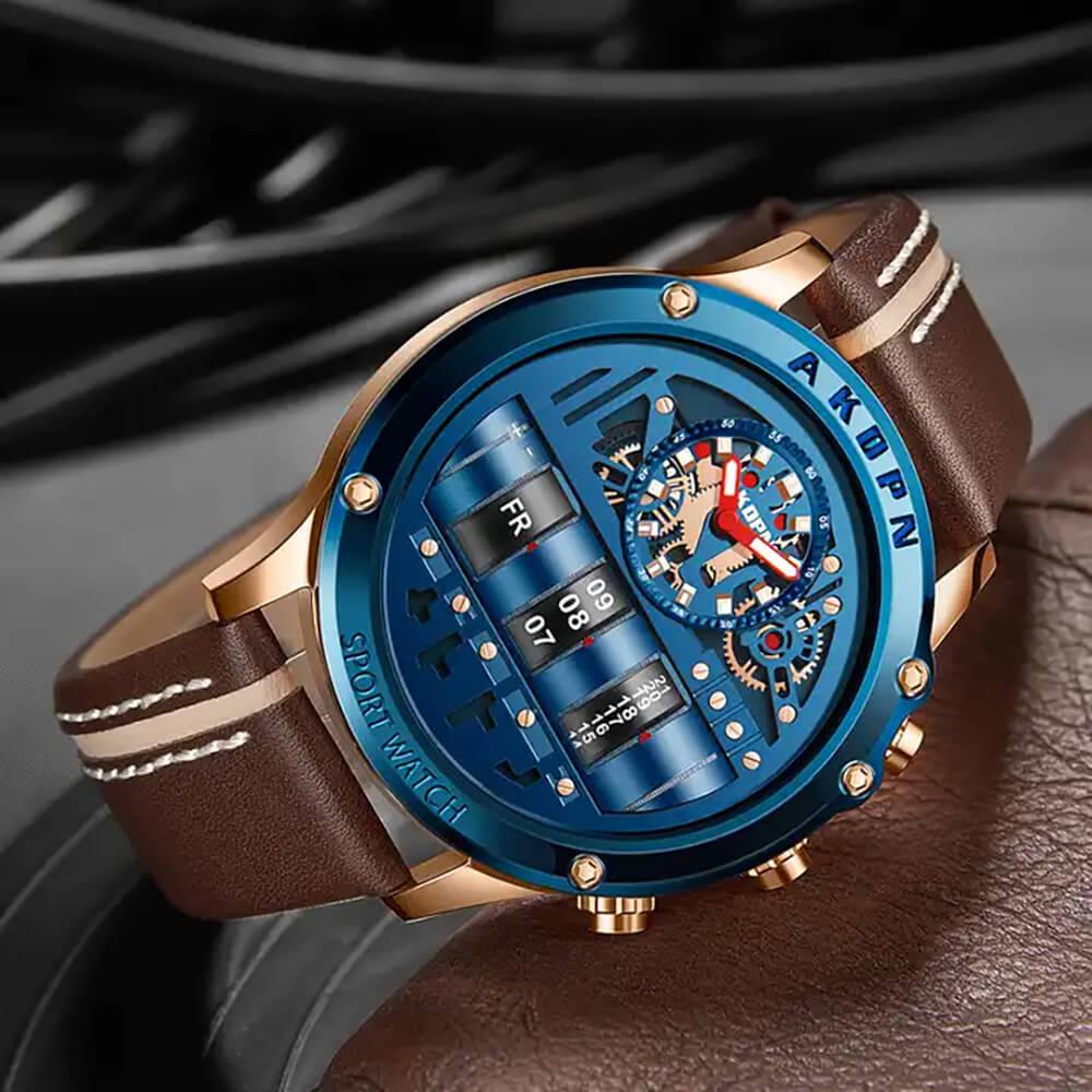 AKDPN Luxury Style Automatic Watch Leather Strap Chronograph Watch For Men A9022 - Skmeico