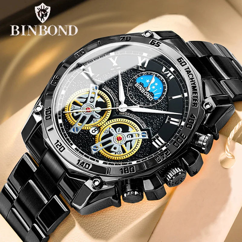 BINBOND Fashion Double Tourbillon Luminous Waterproof Quartz Wristwatch For Men 