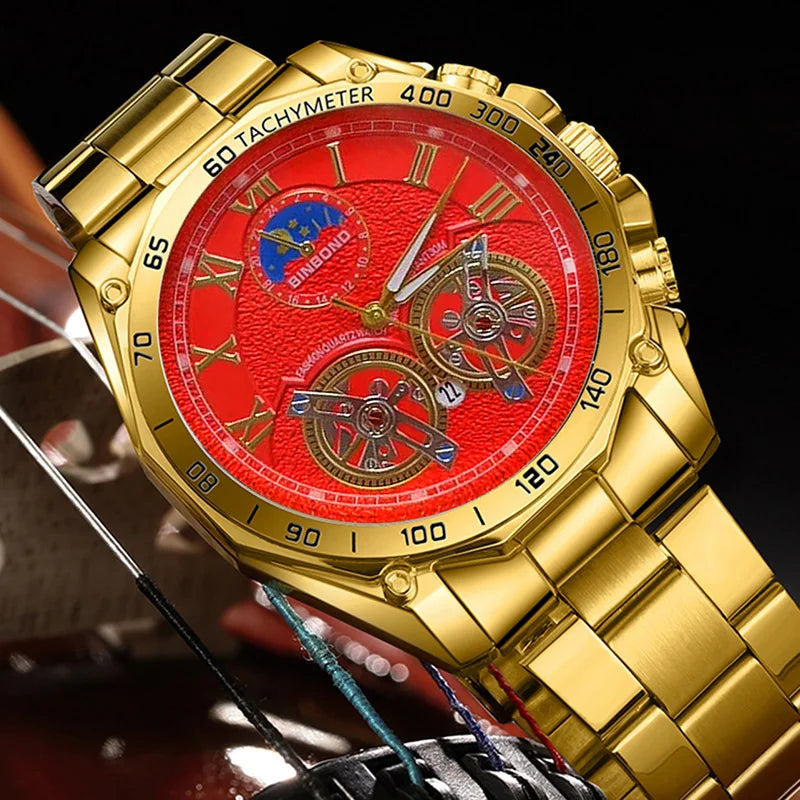 BINBOND Fashion Double Tourbillon Luminous Waterproof Quartz Wristwatch For Men 