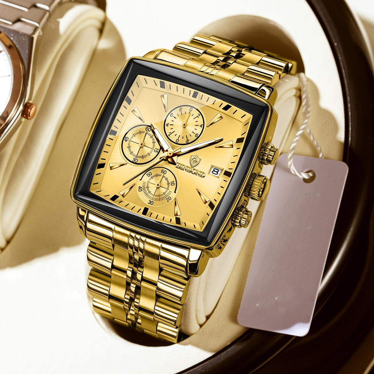 BINBOND Luxury Gold Blue Square 40mm Chronograph Dial Watch for Men B911 