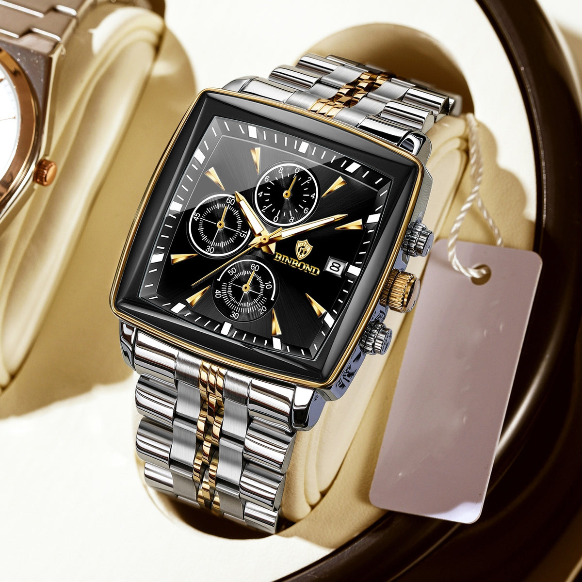 BINBOND Luxury Gold Blue Square 40mm Chronograph Dial Watch for Men B911 