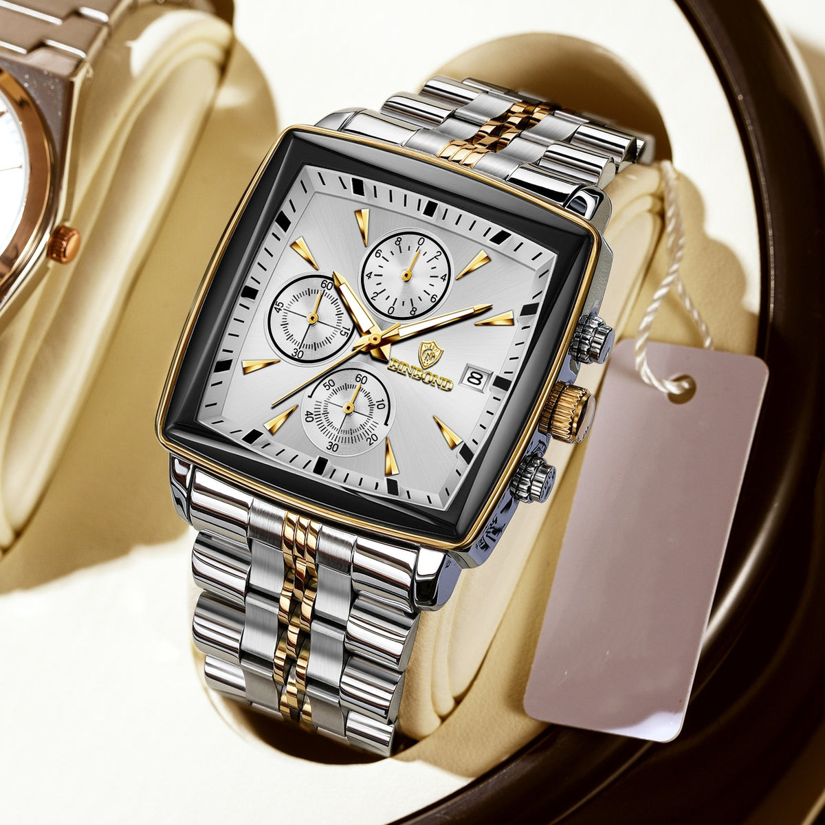 BINBOND Luxury Gold Blue Square 40mm Chronograph Dial Watch for Men B911 