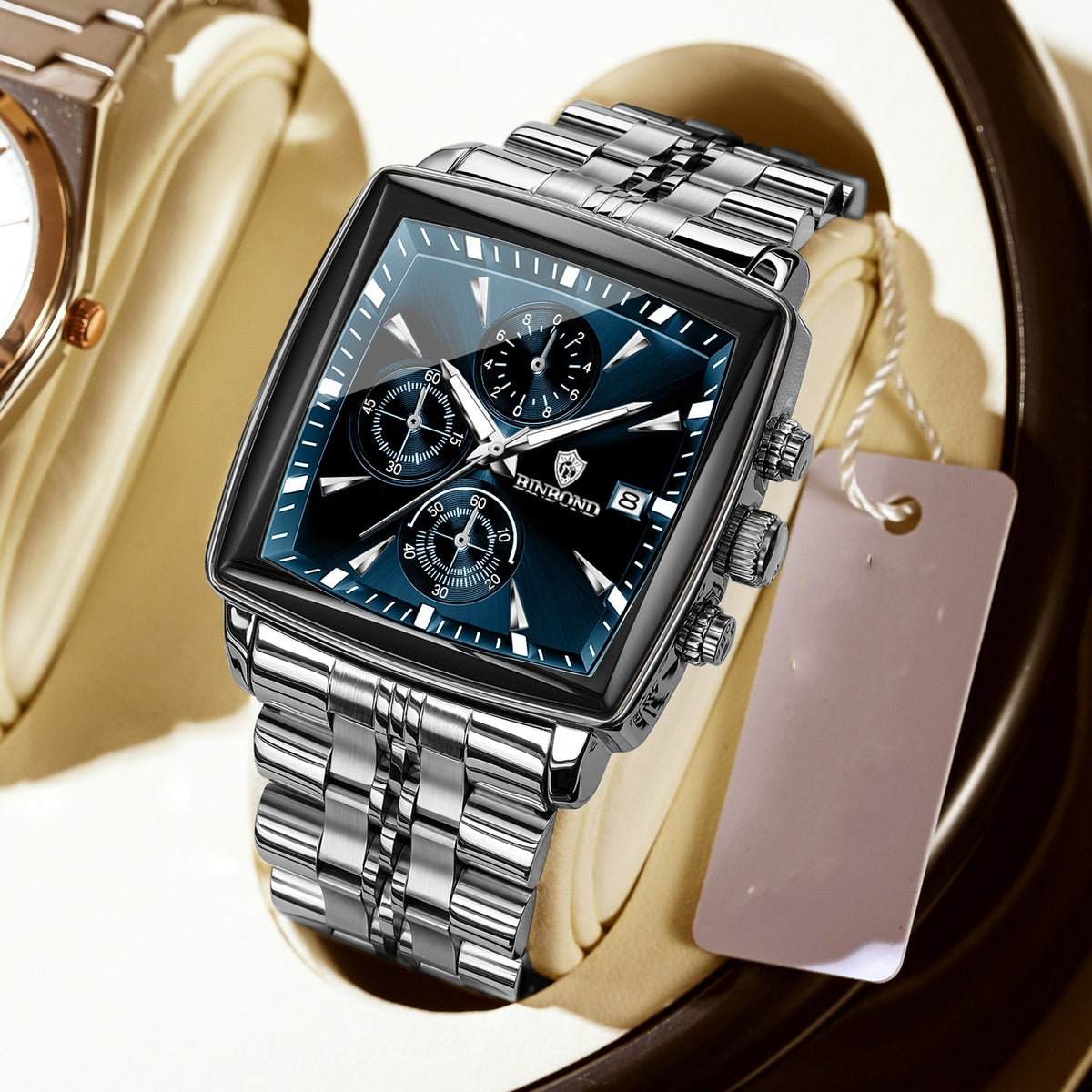 BINBOND Luxury Gold Blue Square 40mm Chronograph Dial Watch for Men B911 