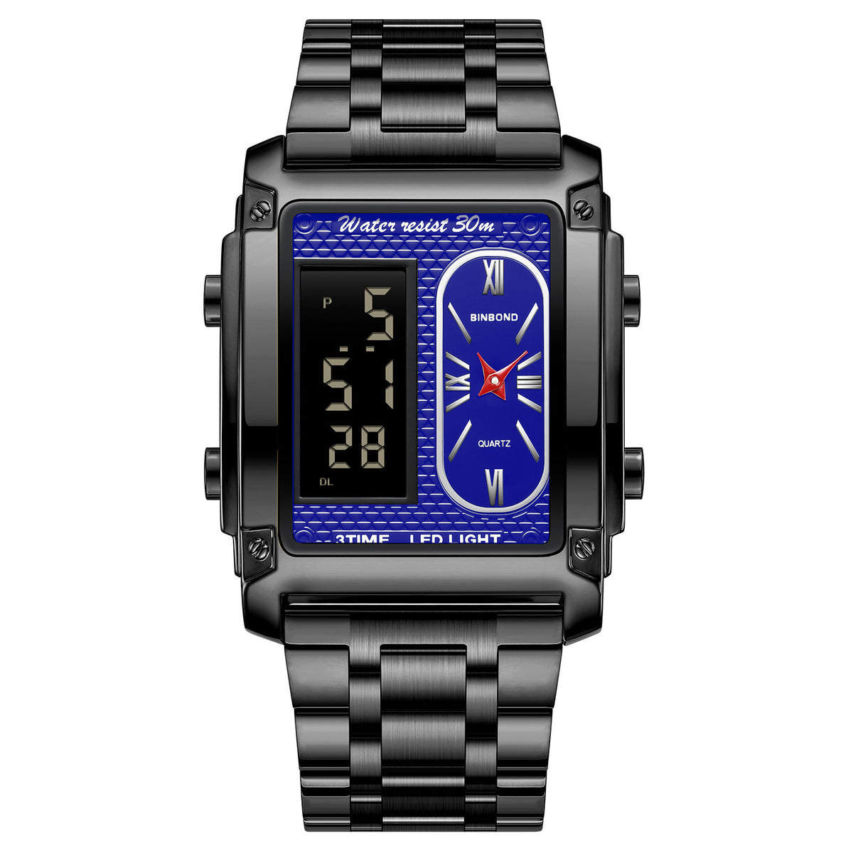 Binbond Rectangular Steel Belt Analog Digital Sport Watch For Men B2311 