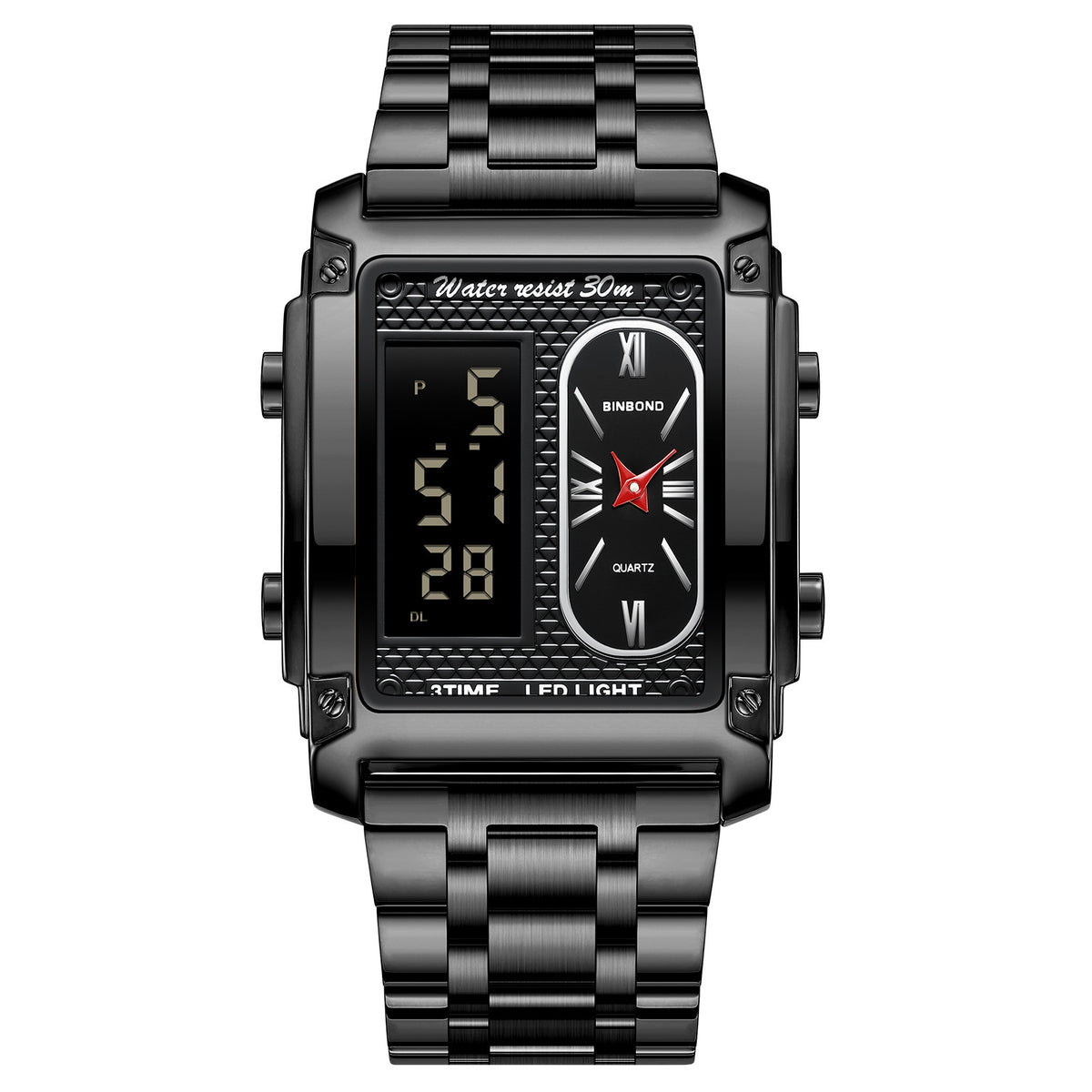 Binbond Rectangular Steel Belt Analog Digital Sport Watch For Men B2311 