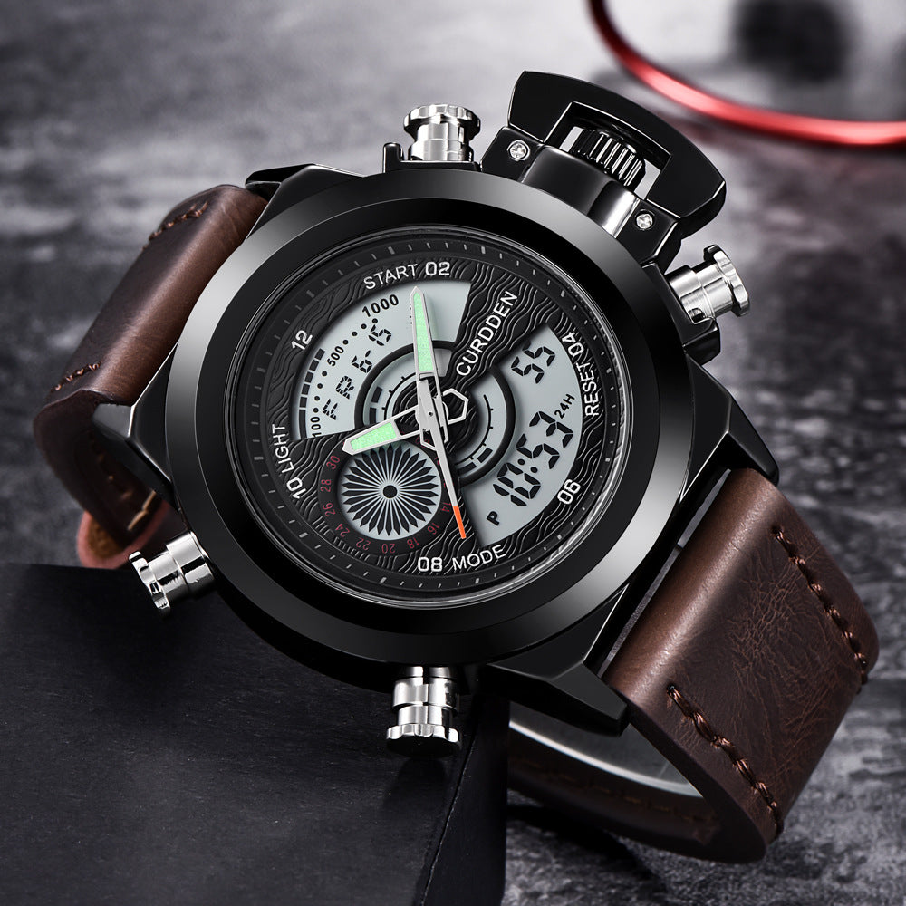 CURDDEN 7166Fashion Leather Dual Time Digital Wrist Watch For Men 