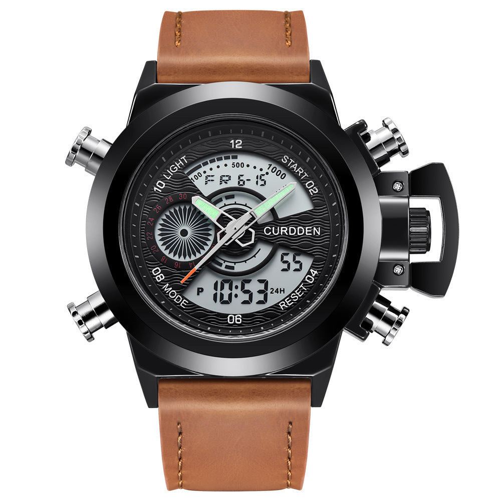 CURDDEN 7166Fashion Leather Dual Time Digital Wrist Watch For Men 
