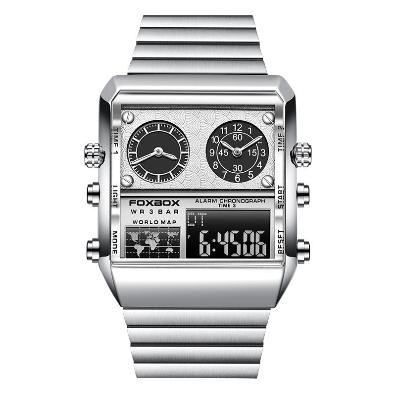 Foxbox Big Dial Stainless Steel multi time sports watch for Men FB0011S - TempoqWatch