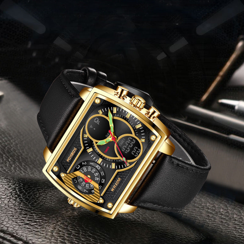 Foxbox Quartz Electronic Dual Display Multi-function Square watch for Men FB009 