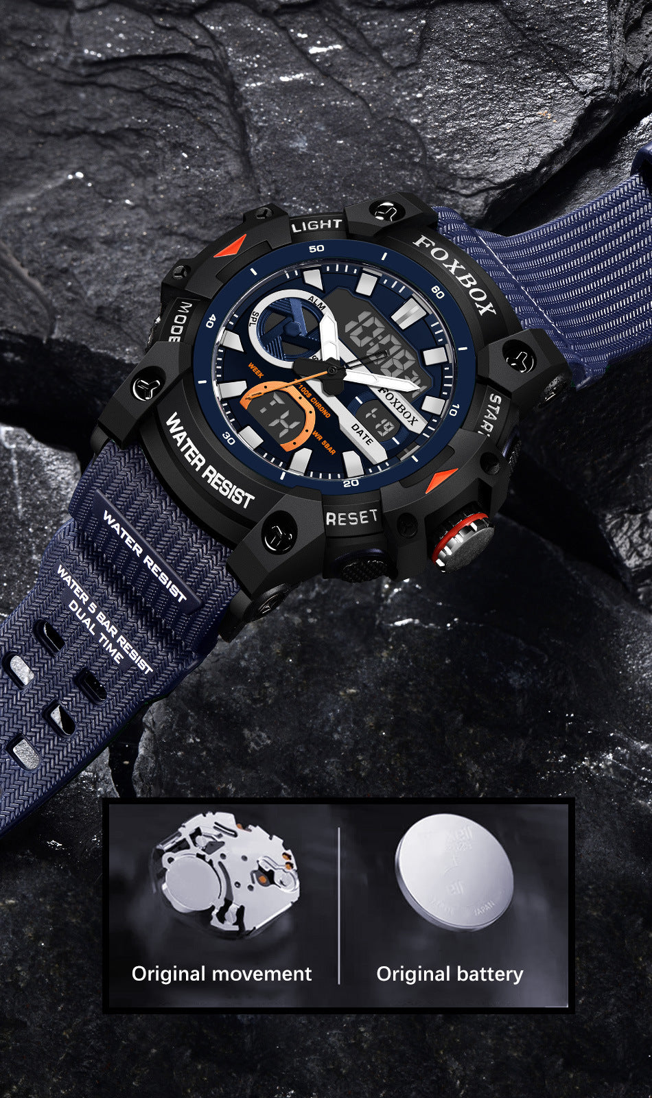 Foxbox Waterproof Luminous Large Dial Double Display Electronic Watch for Men FB0052 - TempoqWatch
