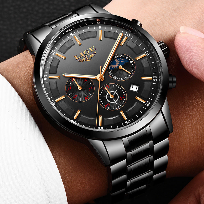 Lige 9877 Steel Moon phase Luxury quartz watch for Men 