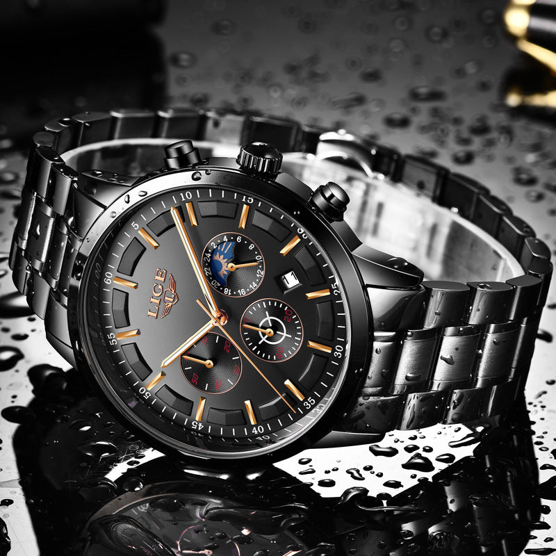 Lige 9877 Steel Moon phase Luxury quartz watch for Men 