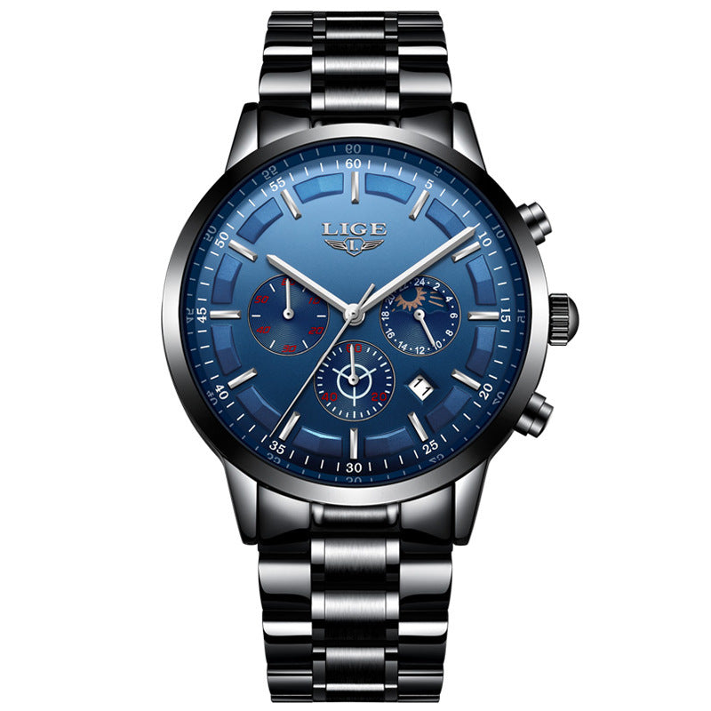 Lige 9877 Steel Moon phase Luxury quartz watch for Men 