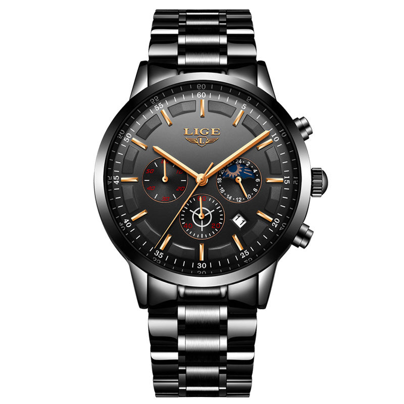Lige 9877 Steel Moon phase Luxury quartz watch for Men 