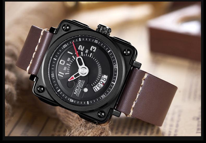 Megir Square Big Dial Watch Calendar Quartz Watch For Men 2040 - Skmeico