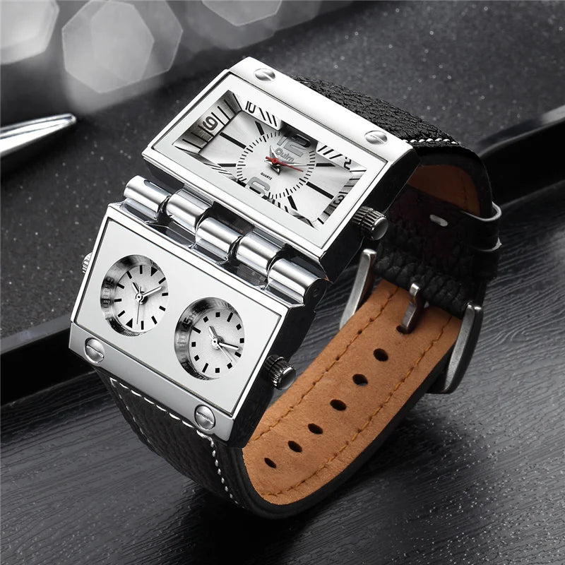 OULM 9525 Big Unique Design Three Time Zone Punk Style Leather Strap Wristwatch For Men 