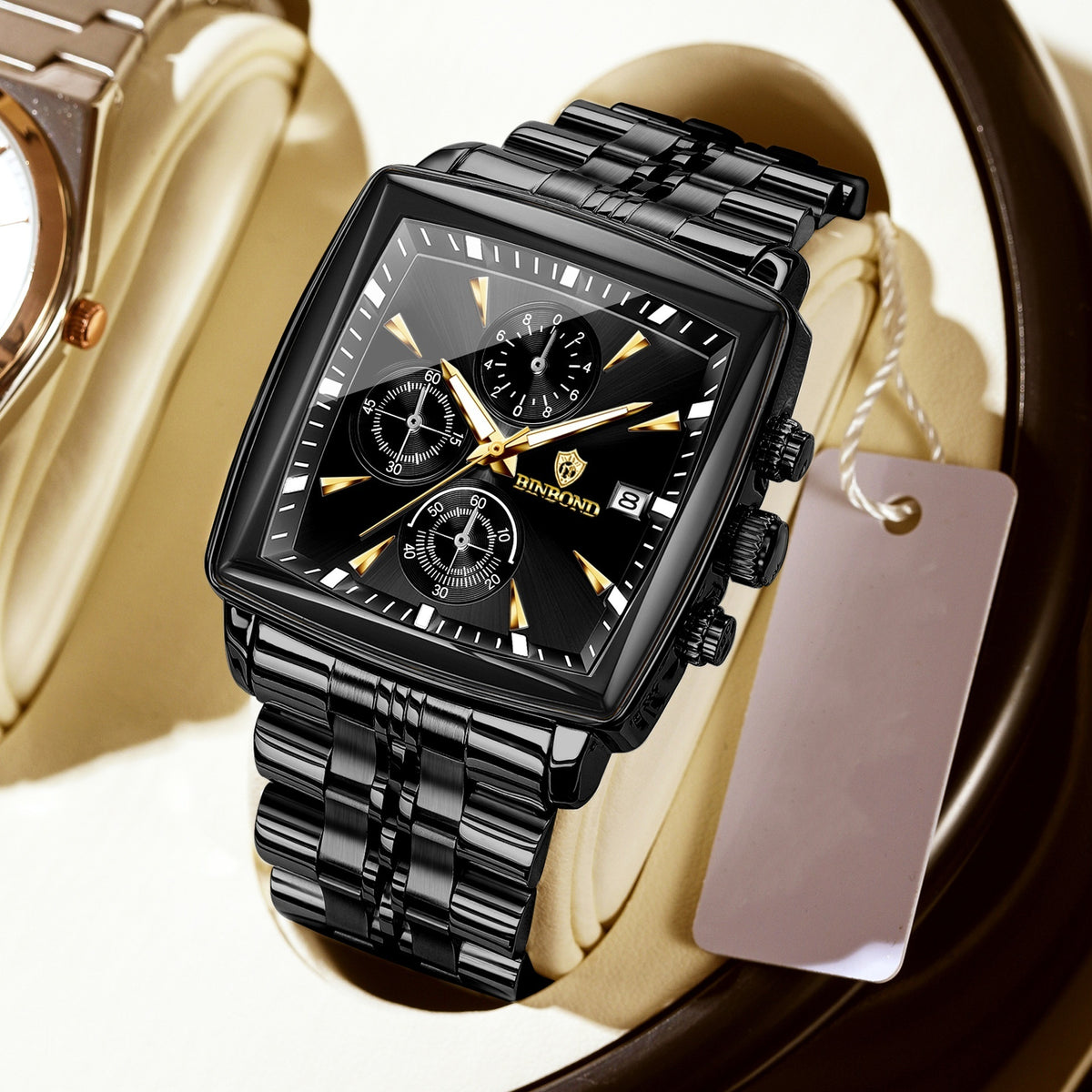 BINBOND Luxury Gold Blue Square 40mm Chronograph Dial Watch for Men B911 