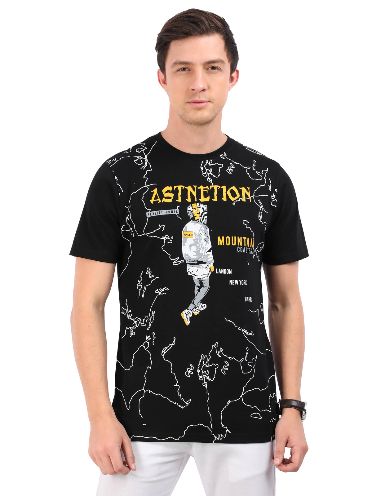 REDpockets Round Neck Black Cotton Graphic Print T-Shirt For Men REDpockets