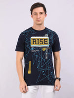 REDpockets Round Neck Navy Blue Cotton Graphic Print T-Shirt For Men REDpockets