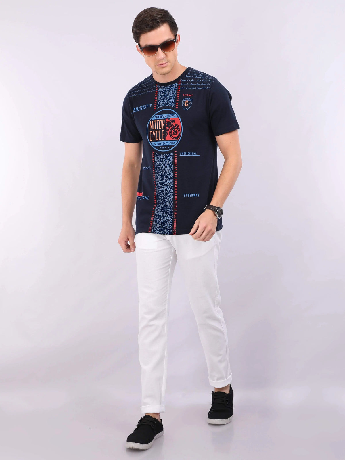REDpockets Round Neck Navy Blue Cotton Graphic Print T-Shirt For Men REDpockets
