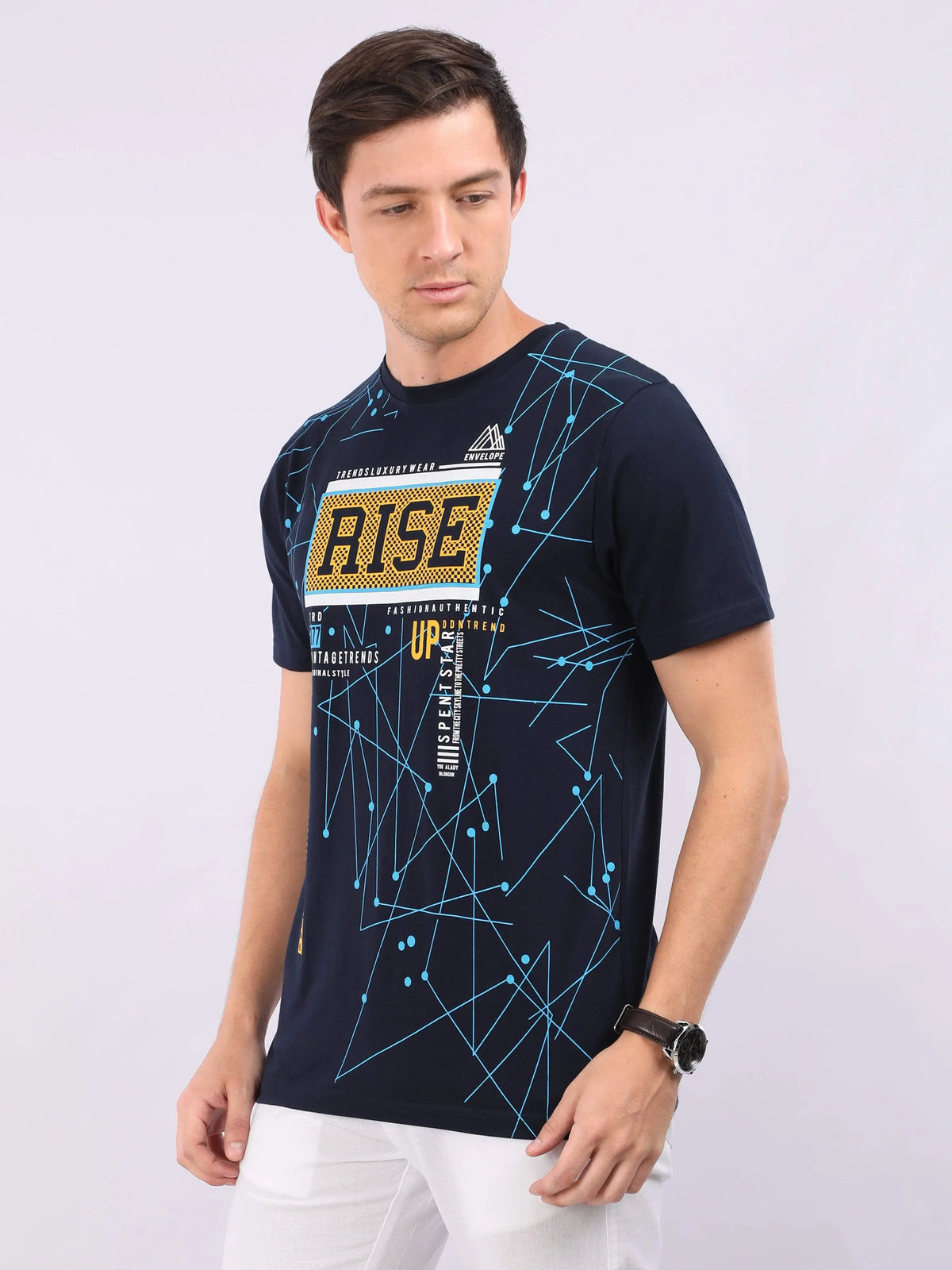 REDpockets Round Neck Navy Blue Cotton Graphic Print T-Shirt For Men REDpockets