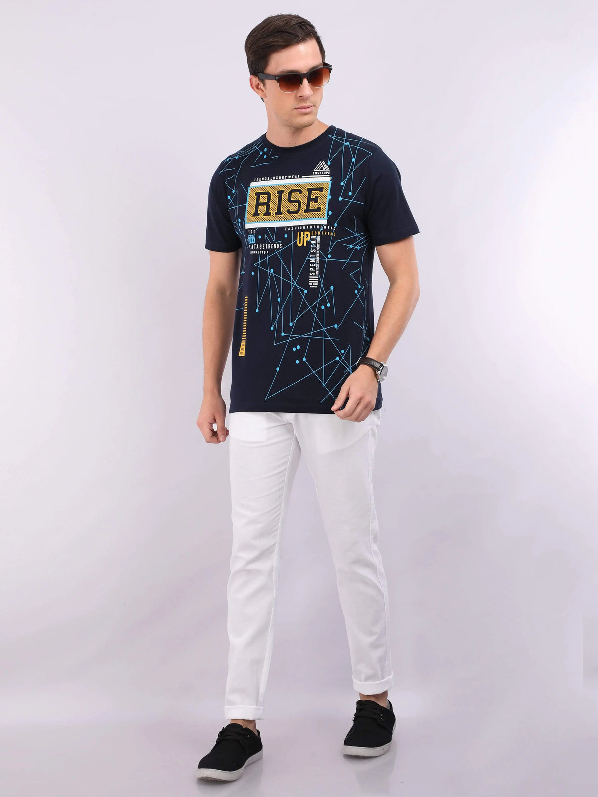 REDpockets Round Neck Navy Blue Cotton Graphic Print T-Shirt For Men REDpockets