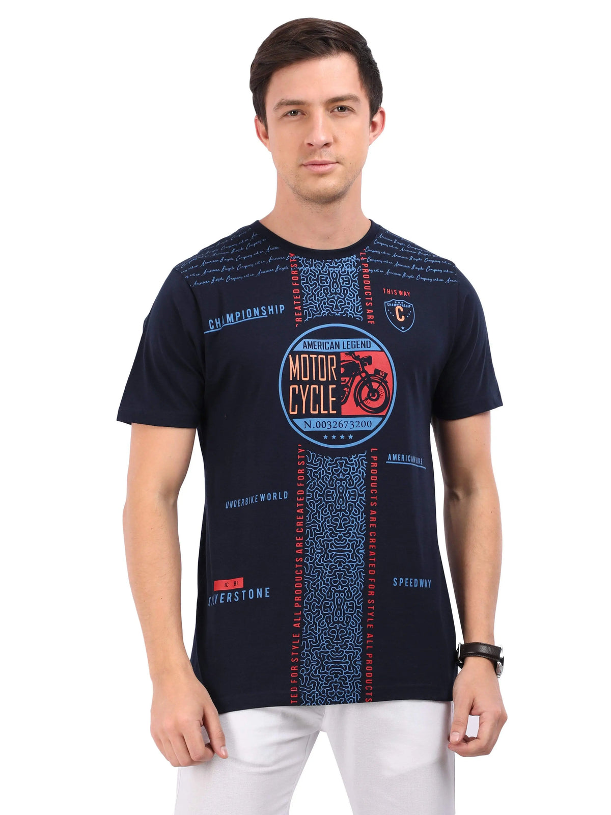REDpockets Round Neck Navy Blue Cotton Graphic Print T-Shirt For Men REDpockets