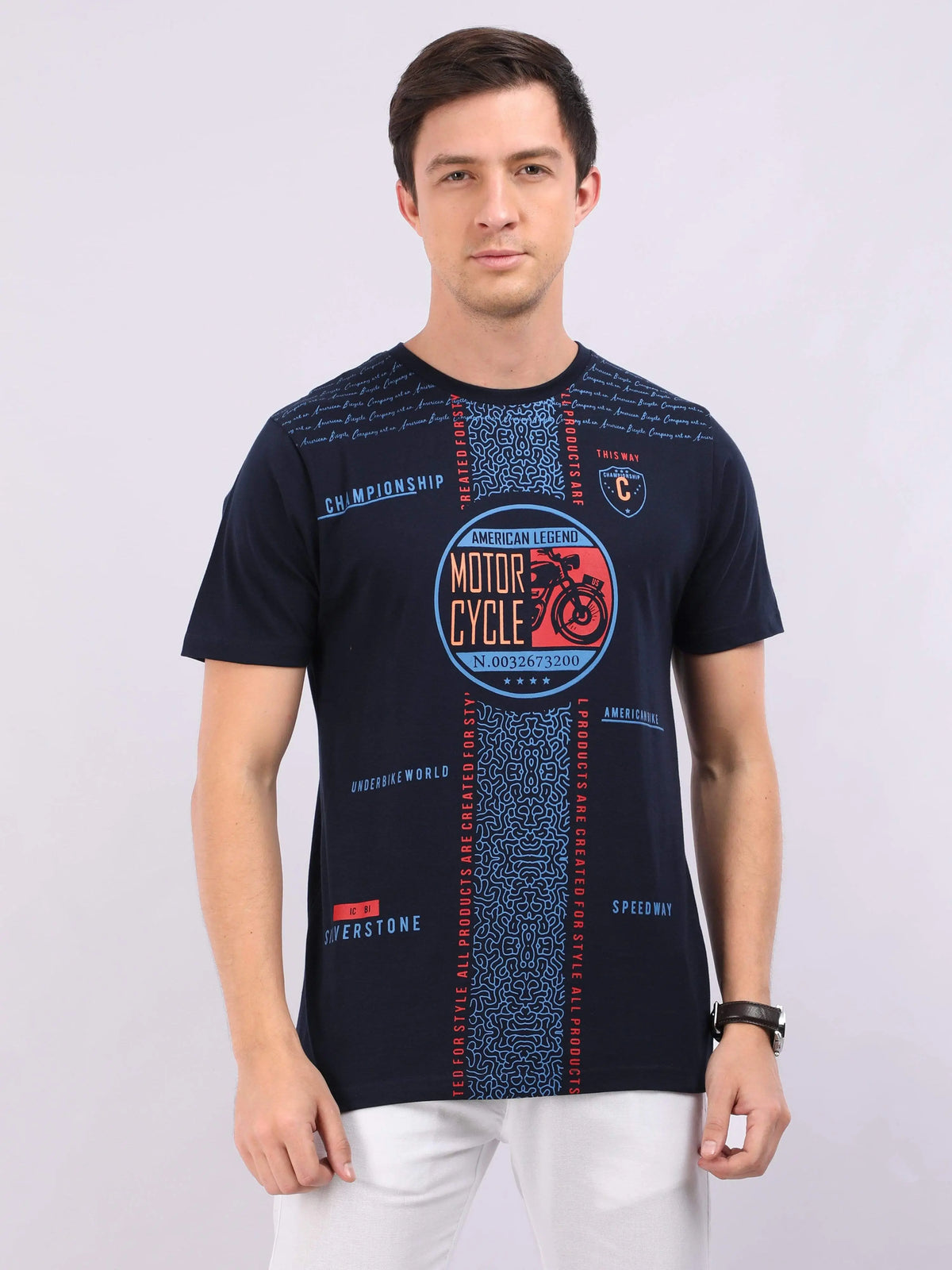 REDpockets Round Neck Navy Blue Cotton Graphic Print T-Shirt For Men REDpockets