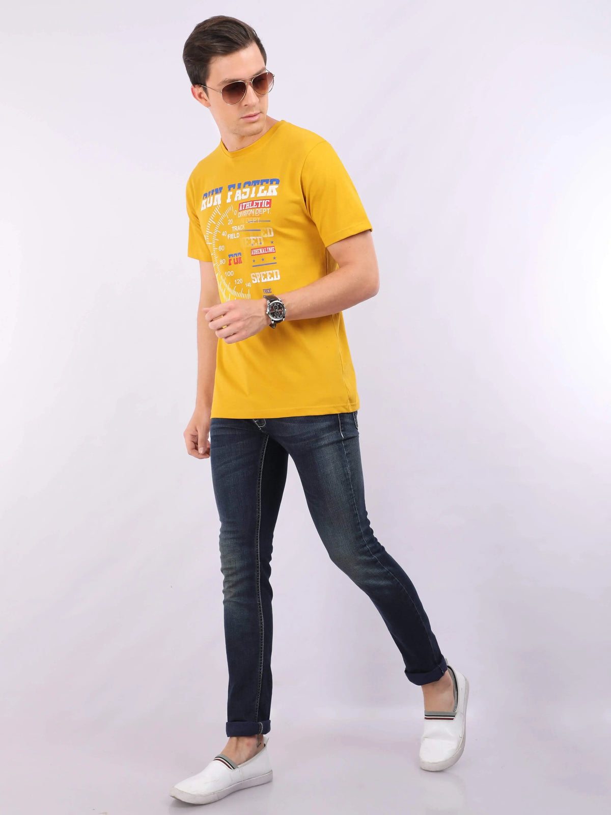 REDpockets Round Neck Yellow Cotton Printed T-Shirt For Men REDpockets