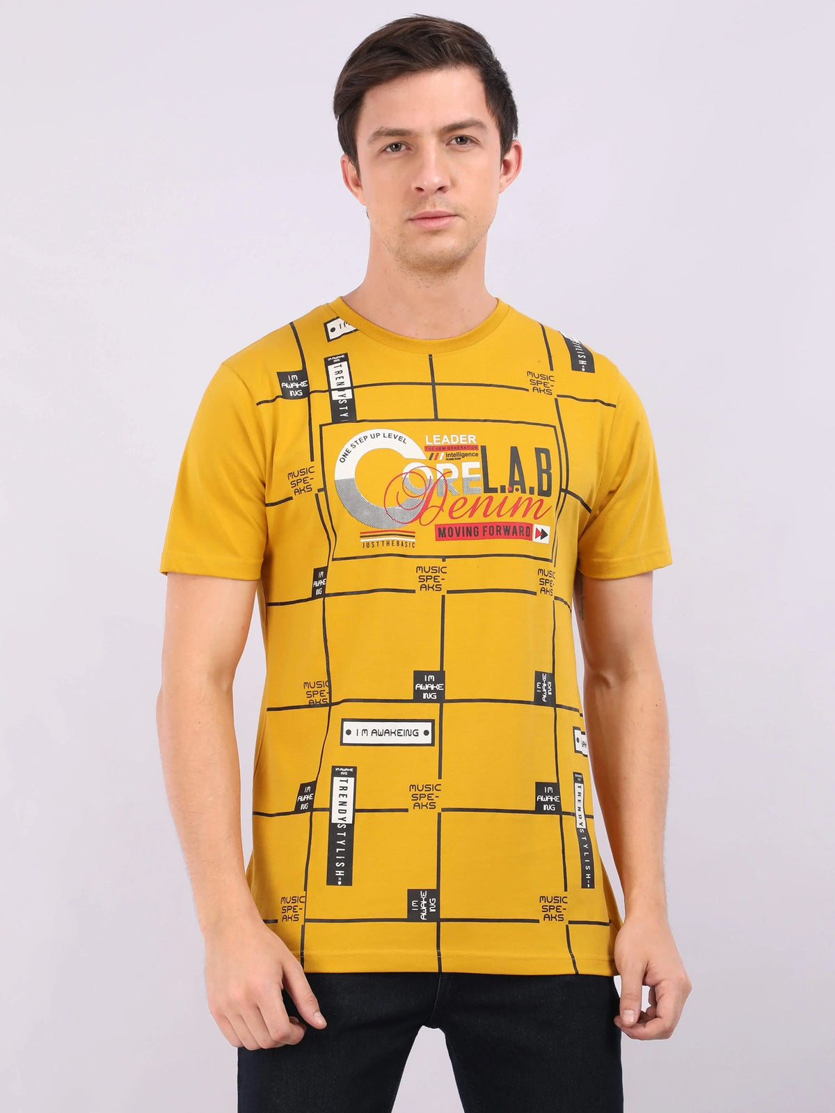REDpockets Round Neck Yellow Cotton Printed TShirt For Men R007 REDpockets