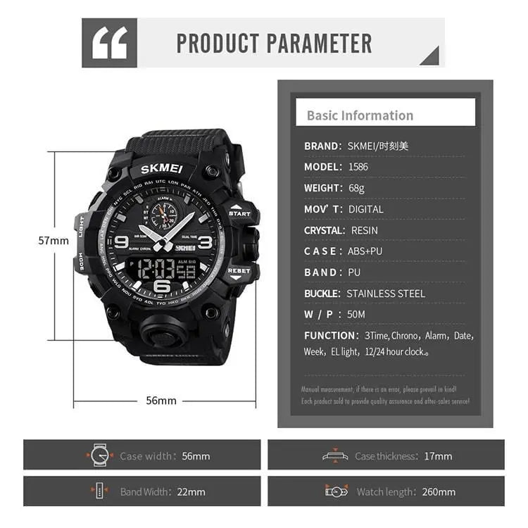 Skmei 1586 Original Relojes 50M Waterproof Military Sport Watch Analog Digital Trendy Wrist Watch for Men Skmei