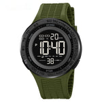 Green digital watch with black display on a white background