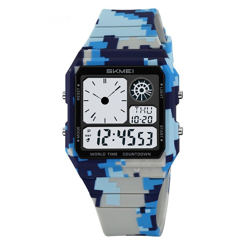 Digital watch with blue camouflage strap
