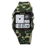 Camouflage-patterned digital watch with square display