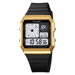 Gold and black watch with digital and analog display
