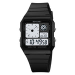 Black digital watch with white display