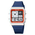 Digital watch with a blue strap and red face