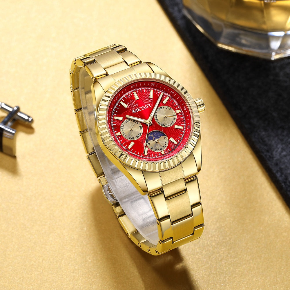 Megir 1102 Lunar Phase Steel-Strap Waterproof Quartz Watch for men