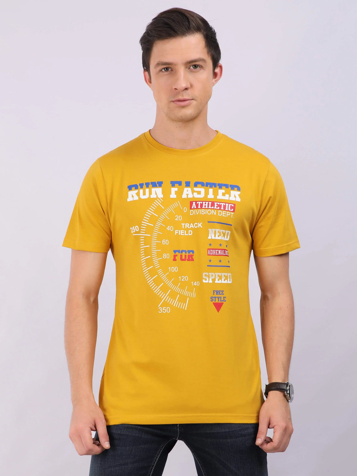 REDpockets Round Neck Yellow Cotton Printed T-Shirt For Men REDpockets