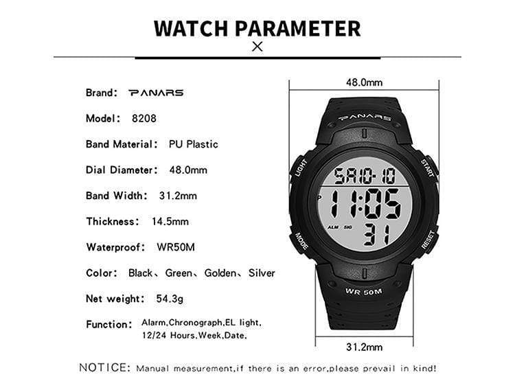 Panars 8208 Gold Digital Waterproof Heavy Duty Wrist watch For Men Panars