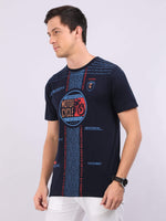 REDpockets Round Neck Navy Blue Cotton Graphic Print T-Shirt For Men REDpockets