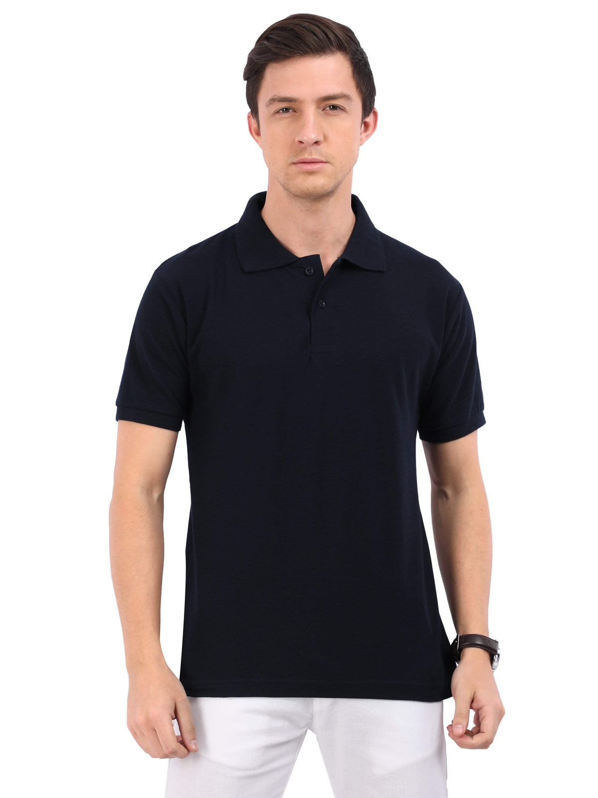 Xura Solid Men Polo Neck Navy Blue Regular Fit T-Shirt Plain Xura