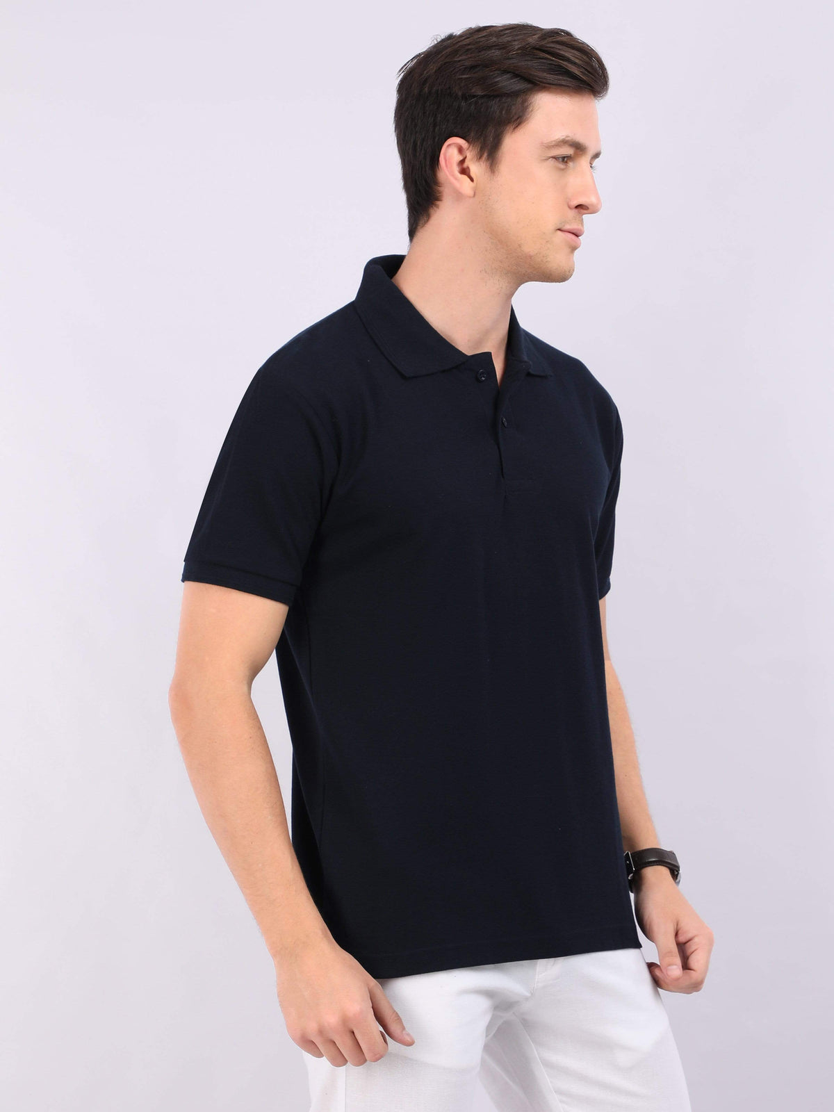 Xura Solid Men Polo Neck Navy Blue Regular Fit T-Shirt Plain Xura