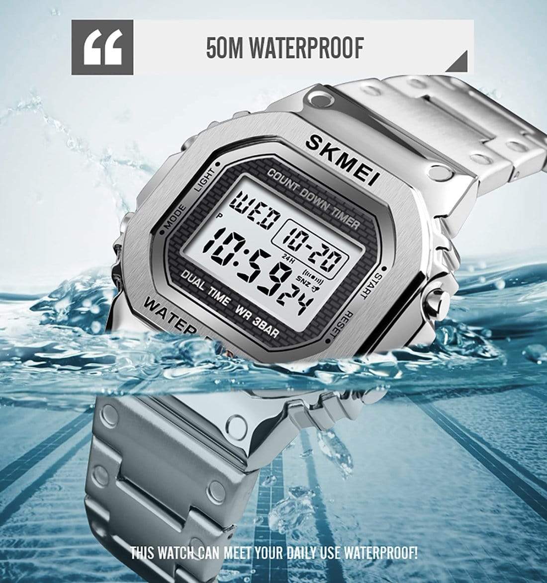 Skmei 1456 Original Digital stainless steel Square dial Multifunction watch for Men Skmei